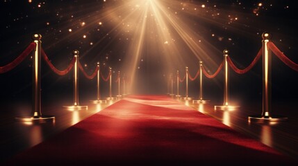 Red carpet entrance with barriers, velvet ropes and lights in the background. Neural network ai generated art