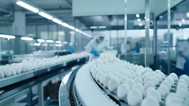 Close-up A egg processing plant on the conveyor belt