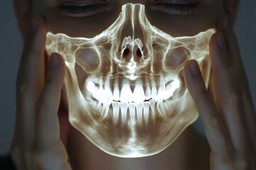An artistic representation of a person experiencing tooth pain with a visible x-ray effect of the skull and teeth. The glowing and detailed depiction emphasizes the pain and discomfort in the jaw area