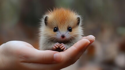 Tiny hedgehog sitting on a person's palm with a blurred background.