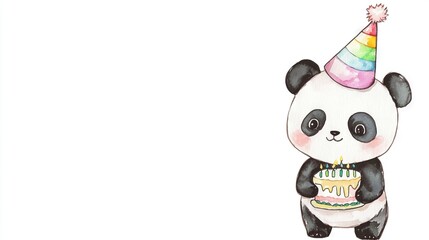   Illustration of a Panda celebrating its birthday with a cake and a rainbow hat