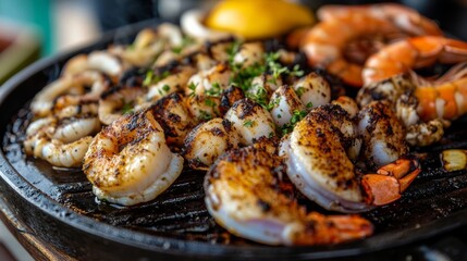 Grilled Seafood on a Black Griddle.