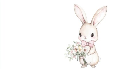 Obraz premium Bunny with watercolor drawing holding flowers and bow tie