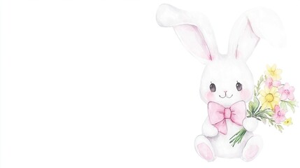 Obraz premium White Bunny with Pink Bow Tie & Bouquet of Yellow & Pink Flowers