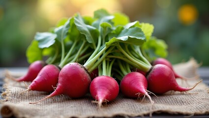 Freshly pulled radishes on burlap cloth in garden sunlight