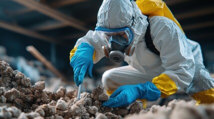 Asbestos removal specialist carefully removes hazardous materials from building wall