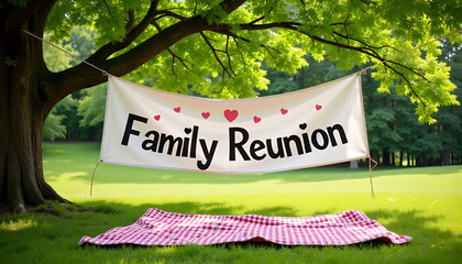 An outdoor gathering with a large "Family Reunion" banner hanging from a tree, empty picnic blanket on grass