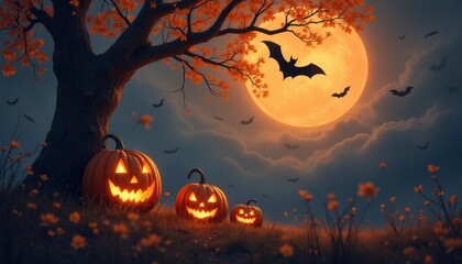 Pumpkin lantern in Halloween greeting, scary cobweb in corner. October wallpaper with creepy bat, holiday party in eerie night.