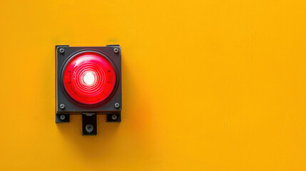 Red siren light bulb emergency urgency fire alarm detector on yellow background. Warning danger signal protection, police or ambulance red flasher siren logo. Copy paste empty place for text