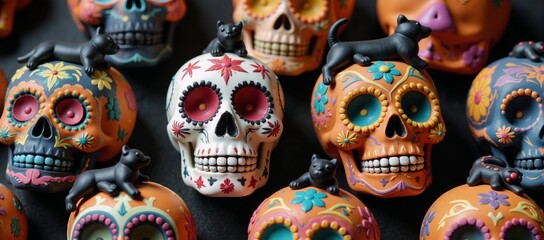 Fototapeta premium Stylized Mexican-themed pattern featuring Calavera sugar skulls and playful black cats dogs to celebrate Day of the Dead Dia de los Muertos
