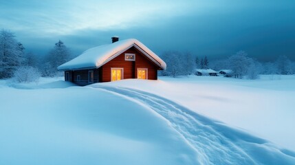 Snow-covered house with Christmas lights glowing in the evening, representing the warmth and beauty of the season