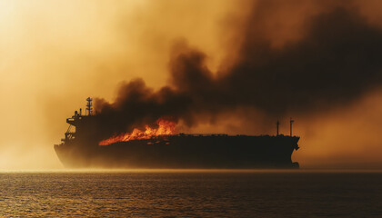 Burning large container cargo ship, fire and smoke above vessel. Generative AI