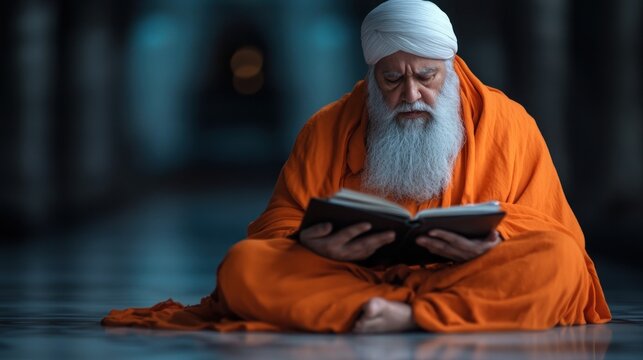 Sikh man reading from the Guru Granth Sahib, illustrating devotion and the centrality of scripture in Sikhism