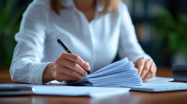 Woman organizing papers and documents at her desk, representing the ongoing need for order and organization in daily routines