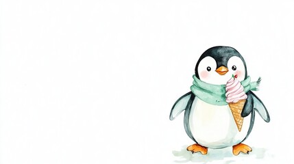   A penguin in a scarf with an ice cream cone in its mouth on a white background