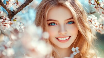 Fototapeta premium A young woman with stunning blue eyes smiles warmly, surrounded by blooming cherry blossoms. The delicate white flowers create a beautiful backdrop under clear spring skies