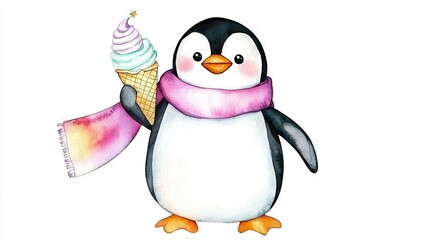 Fototapeta premium A penguin wearing an ice cream cone hat and a scarf holds an ice cream cone in one hand