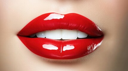 Obraz premium A close-up view of glossy red lips showcasing a bright, confident smile with perfectly whitened teeth, captured against a soft, neutral background in natural light