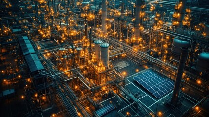 An aerial view of a large industrial complex at night, illuminated by bright lights, showcasing the intricate network of pipes and towers.