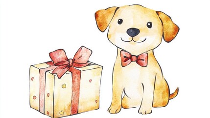 Fototapeta premium A watercolor illustration of a dog resting beside a gift box adorned with a bow on its collar