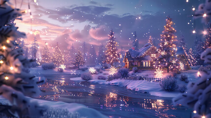 Fototapeta premium Fantasy winter landscape with wooden house and Christmas trees. 3d rendering