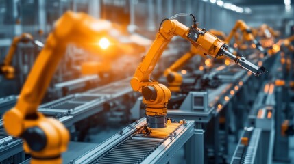 Fototapeta premium Industrial Robot Arm on Assembly Line.