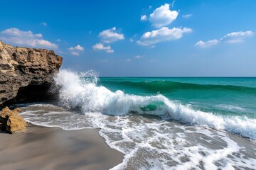 Ocean waves crashing against jagged cliffs, emphasizing the raw, untamed power of the sea