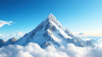 Fototapeta premium The towering mountain showcases its snow-covered summit, piercing through a thick layer of soft clouds, illuminated by bright sunlight. The serene blue sky enhances the breathtaking view