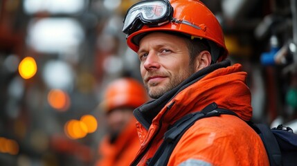A construction worker wearing a bright orange helmet and jacket stands confidently on a bustling work site, showcasing safety gear while smiling amid the industrial environment