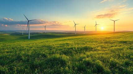 Wind turbines stand tall in a field of green grass at sunset.