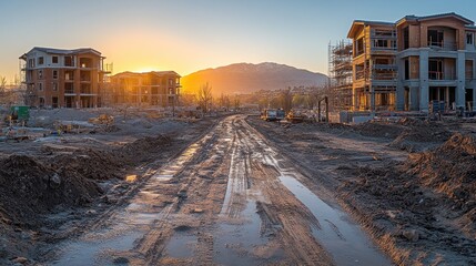 A muddy construction site with unfinished buildings and a sunset in the background.