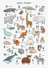 Fototapeta premium Animals alphabet set. Hand drawn vector illustration. Isolated on white background.