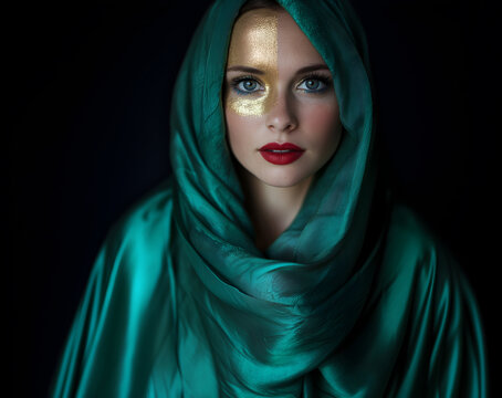 Fashion surreal Concept. Closeup portrait of beautiful woman in shiny gold glitter makeup partially wrapped covered with emerald green silk satin sensual flowing cloth. head scarf. copy text space