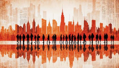 Abstract Cityscape Art: Modern Skyline Silhouette with Newspaper Texture