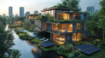 Modern eco-friendly homes with green roofs and solar panels on a canal in a city with tall buildings in the background at sunset.