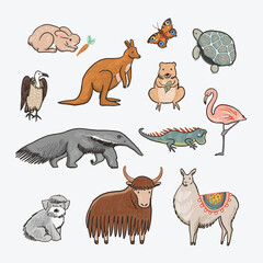 Fototapeta premium Vector set of hand drawn doodle cartoon animals. Vector illustration.