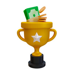 3D illustration of a golden trophy filled with cash and coins, symbolizing financial success, rewards, and business achievements.