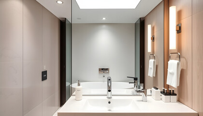 Stylish hotel bathroom interior with sink and accessories, closeup isolated with white highlights, png