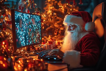 Santa Claus at the computer with a Christmas tree on the monitor