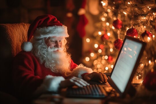 Santa Claus happily works at the computer