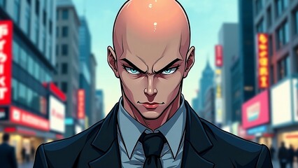 A man with a bald head and a suit on his head is looking at the camera.