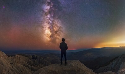 Obraz premium astronomy time long exposure landscape photography. A man standing in a high place looking up in wonder to the Milky Way galaxy