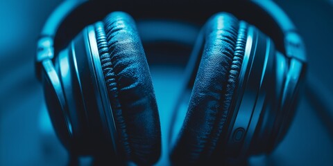 A close-up view of studio headphones in a blue hue, highlighting the details of the ear cushions.