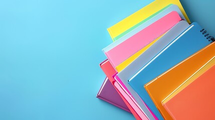 A colorful assortment of notebooks stacked neatly on a solid blue background