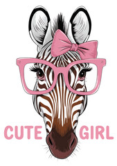 A detailed illustration of a zebra's face wearing a pair of large pink glasses and a pink bow tied around its ears