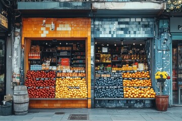 Two colorful storefront shops with fresh produce displayed outside in front of the window.