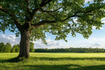 Obraz premium An expansive green field with a solitary, majestic tree dominates the scene, symbolizing growth and nature's grace.