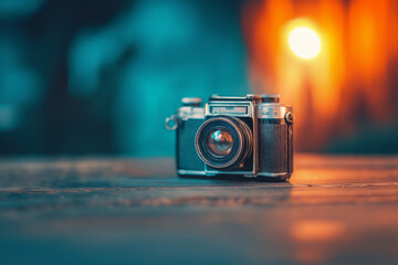 A retro camera sits on a wooden surface, with a blurred background and warm sunlight illuminating...