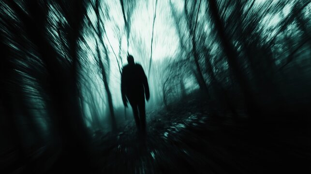 A solitary man traversing through a dark and misty forest at night, surrounded by towering trees and an eerie atmosphere.