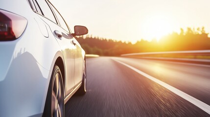Obraz premium White modern automobile drives on the highway into the bright sunset on a beautiful summer day.